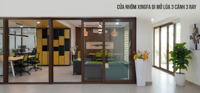 Cửa đi mở lùa 3 cánh 3 ray độc lập đẹp, bền