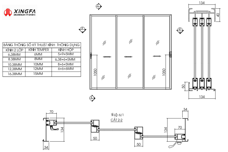 Cửa đi mở lùa 3 cánh 3 ray độc lập đẹp, bền