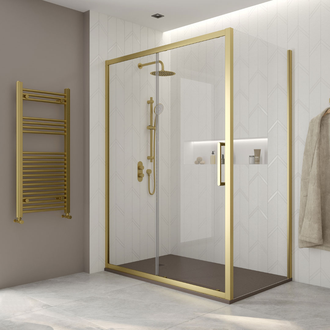 Vách kính nhà tắm khung viền inox mạ vàng