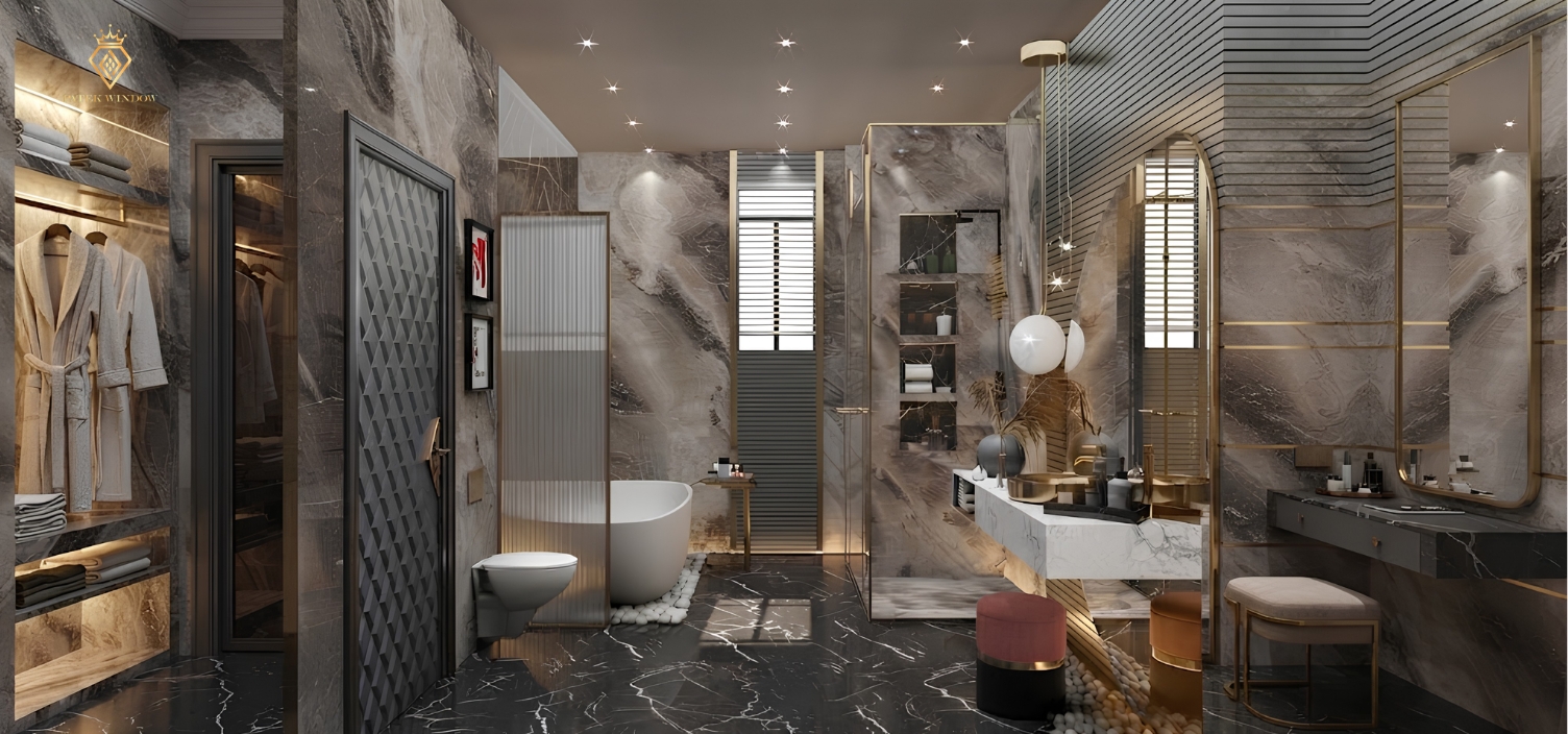 Vách kính nhà tắm khung viền inox mạ vàng