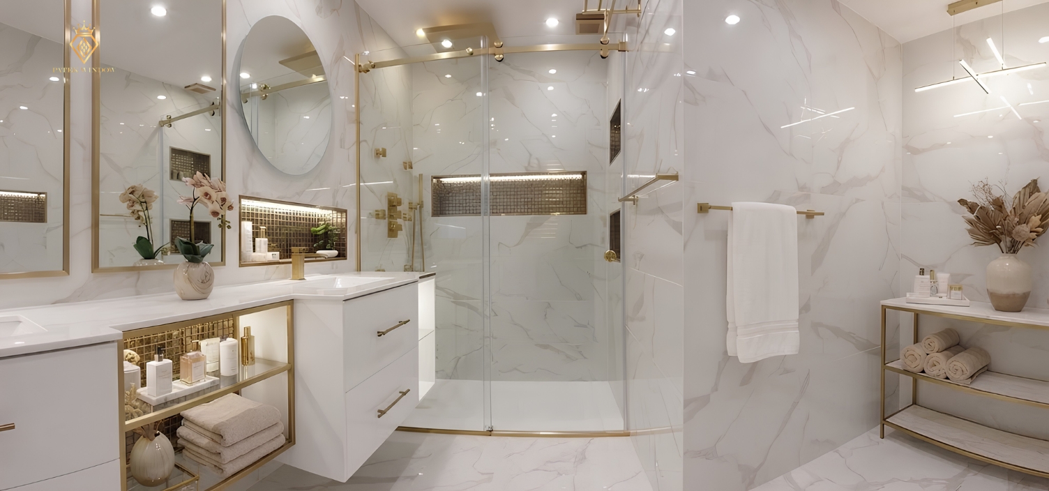 Phòng tắm kính cửa lùa 10*30 mạ vàng