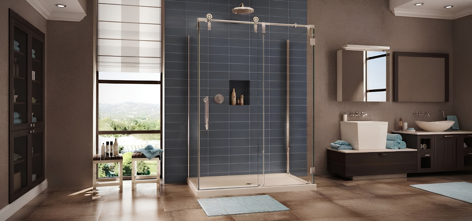 Vách tắm kính cửa lùa ray inox phi 25